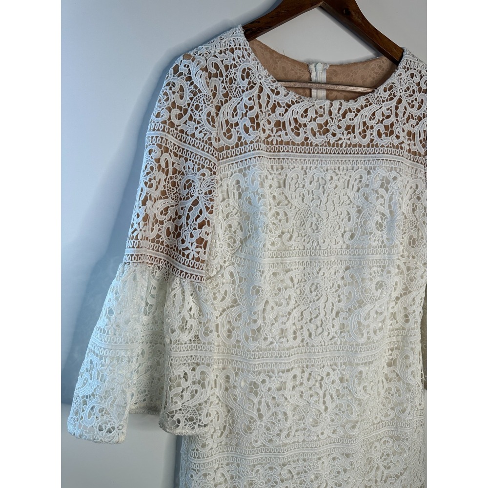 Lauren Ralph Lauren White Lace Bell Sleeve Shift Dress Sz 6 Floral Wedding Guest - Picture 3 of 13